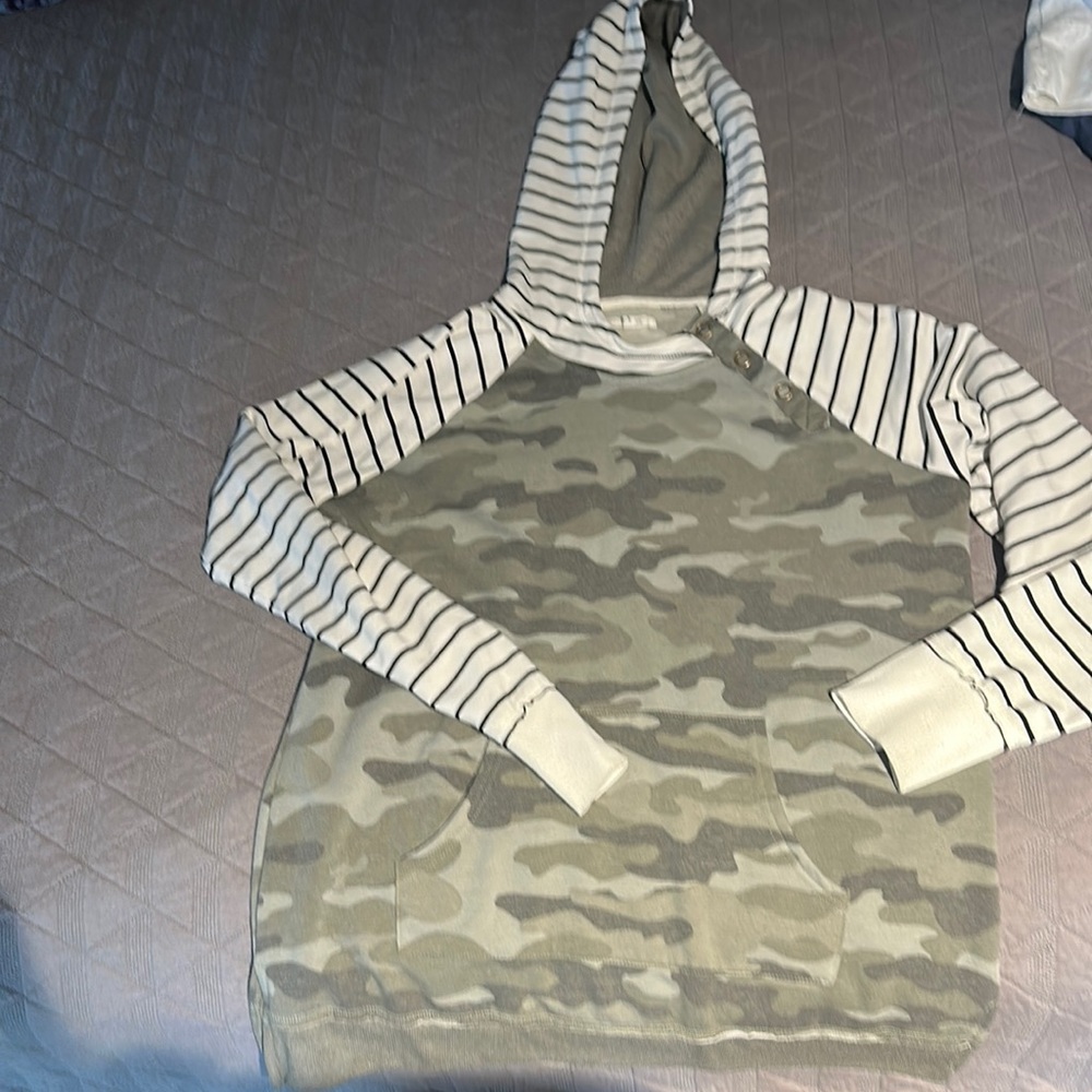 So much fun! Contrasting snap neck Maurices Hooded tunic.